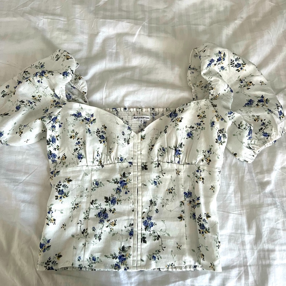Reformation White and Blue Floral Blouse